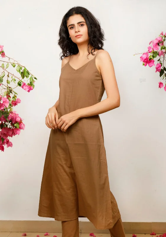 Set of 2: Brown Cotton slip Kurta with Brown straight Cotton Pants Formal Slim Pants
