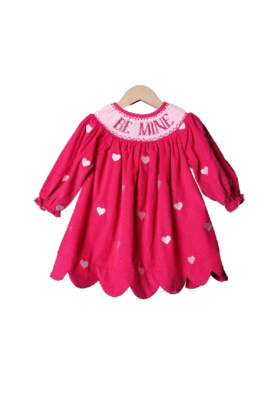 Smocked Be Mine Hot Pink Corduroy Embroidered Heart Dress Shift Classic Vintage