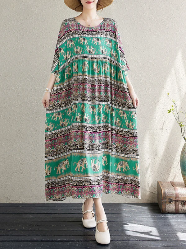 Women's Summer Printed Elephant High Waist Smock Dress empire Waist empire