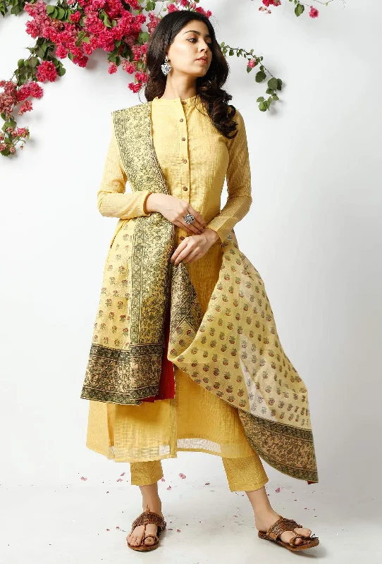 Set of 3: The Mischievious Yellow Cotton Kurta with Matching Dupatta and Pants High-Waist Jogger Pants