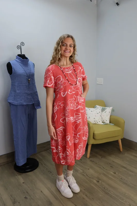 Melon Scribbles Pattern Short Sleeve Linen Bubble Dress Floral Print girly