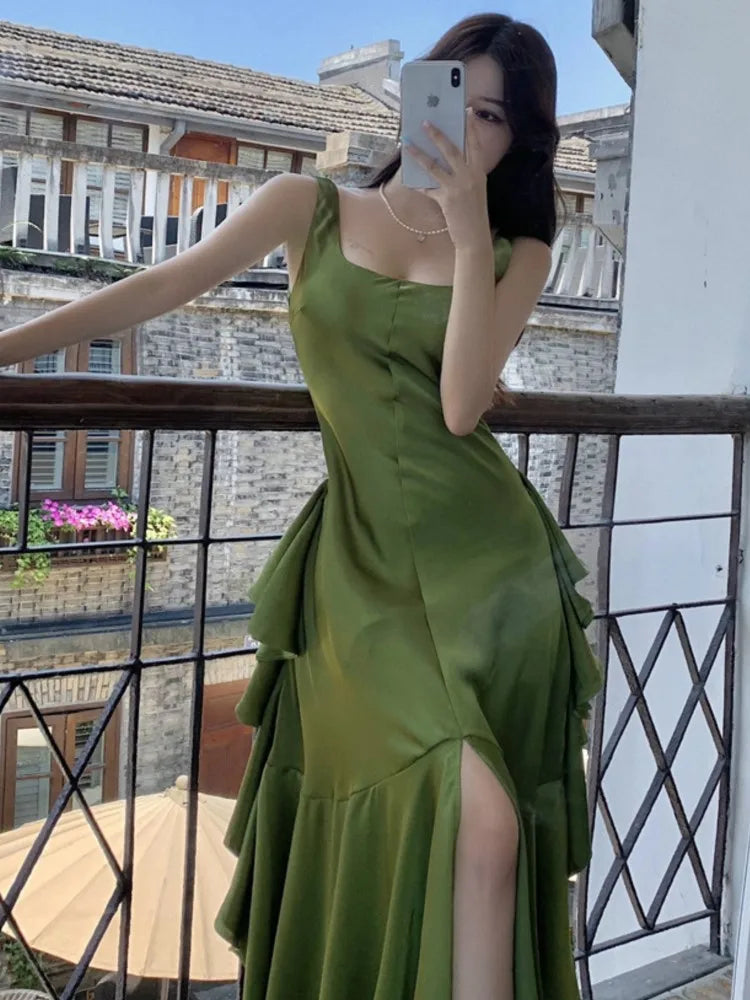 Bonnyshow  Summer Women Long Satin Dress Sleeveless Sexy Backless Silk Slit Ruffle Maxi Beach Robe Party Dresses Evening Dresses Tunics Cozy comfortable