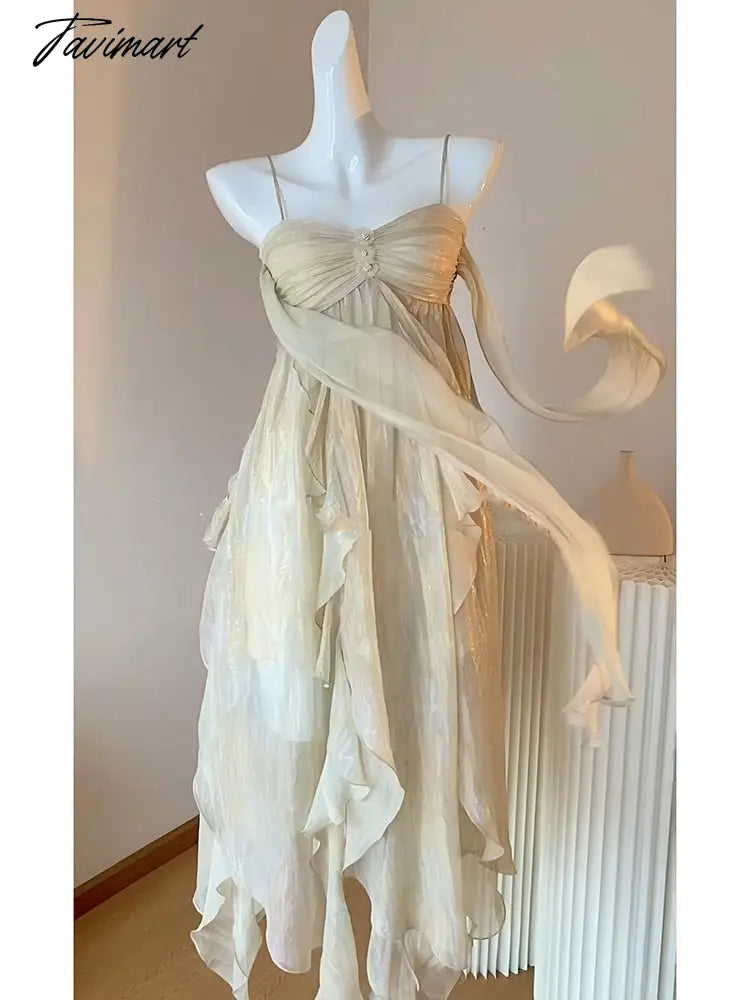 Tavimart Summer Women Beach Long Sundress Suspenders Vintage Backless Ruffles Fairy Dress Elegant Holiday Beach Romantic Party Dress Tunics Travel practical