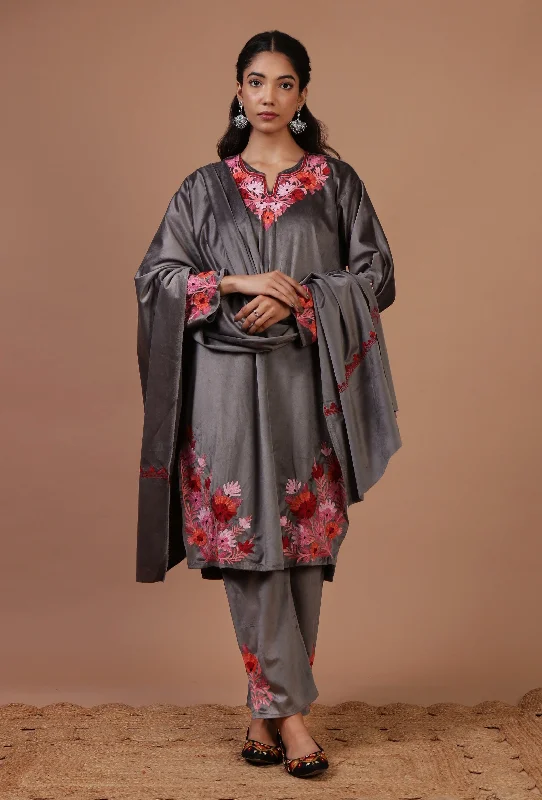 Smokey Grey Velvet Ari Embroidered Kurta, Pant And Dupatta Set- Free Size Fashionable Track Pants