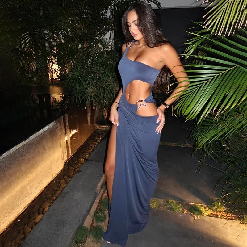 Bonnyshow Blue Hollow Out Maxi Dress for Women Fashion One Shoulder Slim Evening Party Dresses Sexy High Split Holiday Beach Outfits Sequined Elegant Party