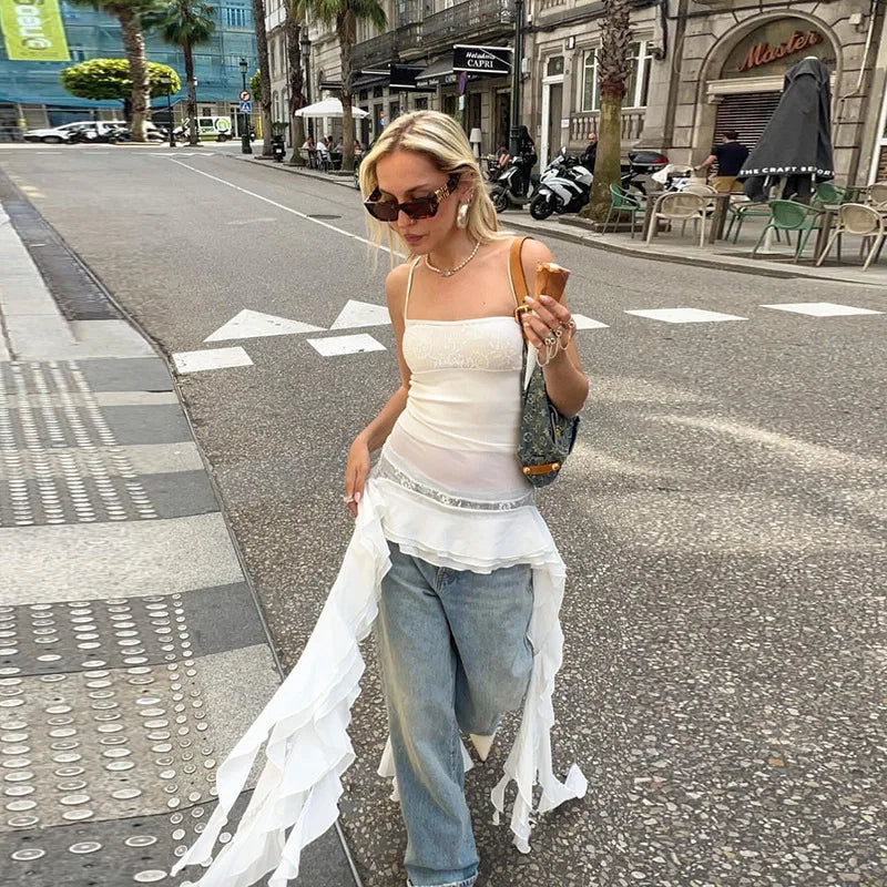 Bonnyshow Summer Women's Suspenders Neck Lace Stitching Irregular Gown Dress Women's Club Party Dress Vestidos Tunics Lace romantic