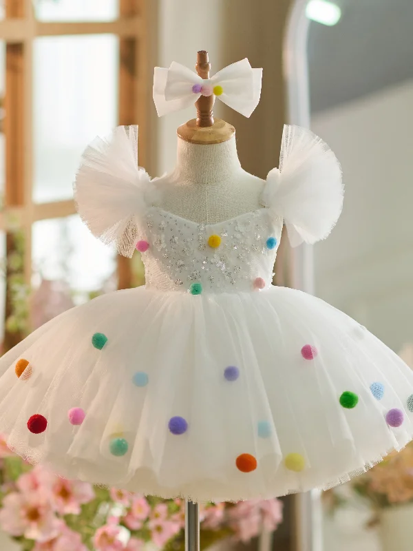 White Sequins Tulle Knee-length 1st Birthday Party Dress Tunics Stylish modern