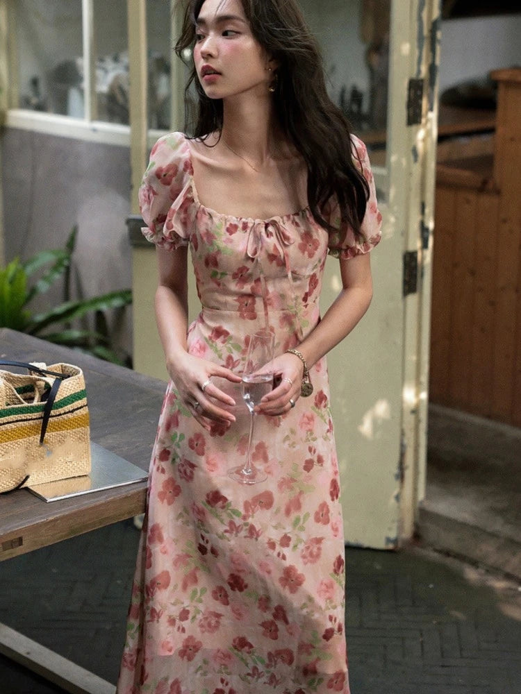 TAVIMART  -  French Vintage Floral Printed Midi Dresses for Women Summer Puff Sleeve Square Collar Slim Party Dress Casual One Piece Vestido Tunics Versatile functional
