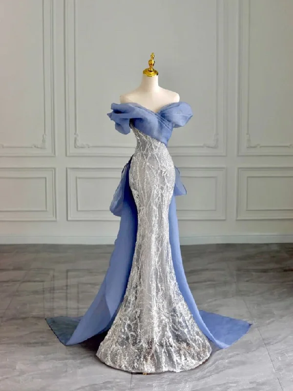 Bonnyshow Classy Mermaid Off The Shoulder Blue Sequin Long Party Dress Prom Dresses SD1826 Chiffon Maxi Beach