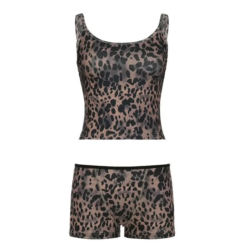 Leopard print u neck ribbed backless cami pant set Cozy Fitted Pants