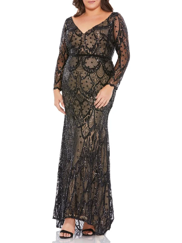 Plus Womens Sequined V-Neck Evening Dress Tunics Versatile all-occasion