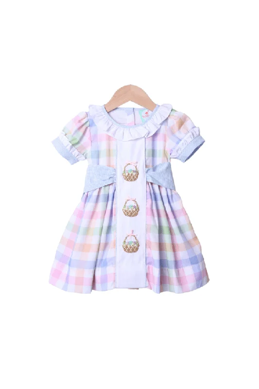 French Knot Gingham Easter Basket Dress Tunics Print Colorful