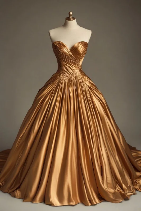 Bonnyshow Retro Ball Gown Sweetheart Satin Gold Party Dress Prom Dresses Evening Dress SD1769 Boat Neckline Classic