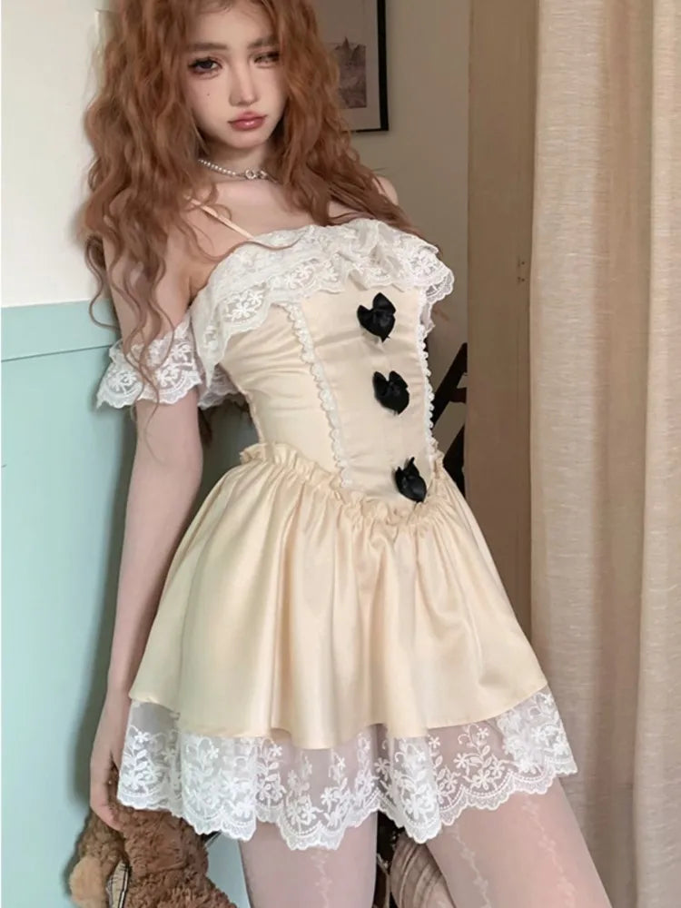 TAVIMART  -  Y2K Lace Patchwork Princess Birthday Party Dress Ruffles A-line Spaghetti Strap Short Dresses for Women One Piece Prom Vestido Tunics Cozy comfortable
