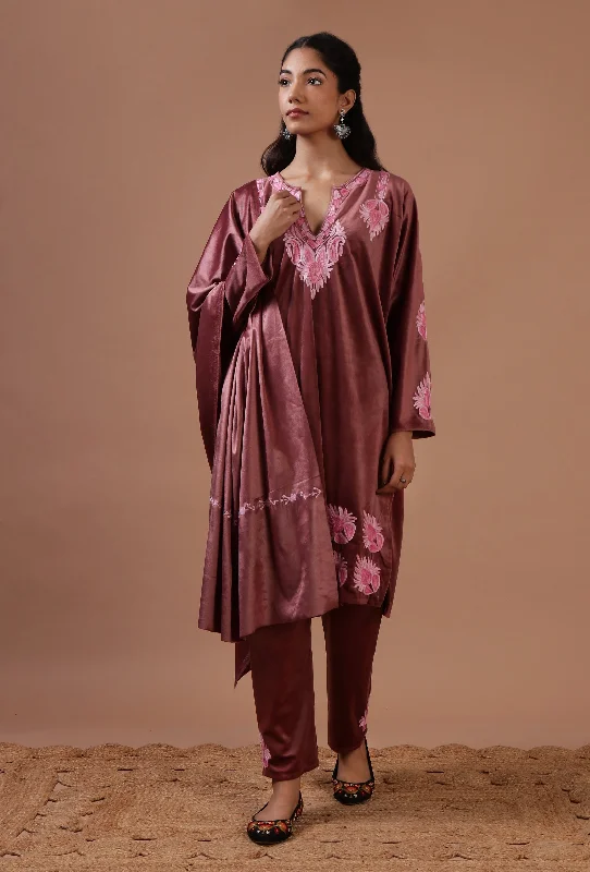 Rosy Finch Velvet Ari Embroidered Kurta, Pant And Dupatta Set- Free Size Chic Faux Leather Pants