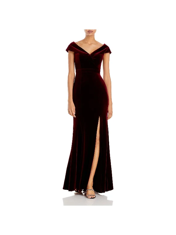 Womens Velvet Side Slit Evening Dress Pencil Office Professional