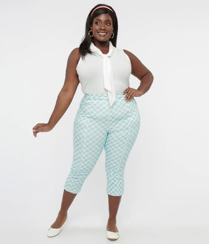 Smak Parlour Plus Size Light Blue & White Gingham Capri Pants Classic Chino Pants
