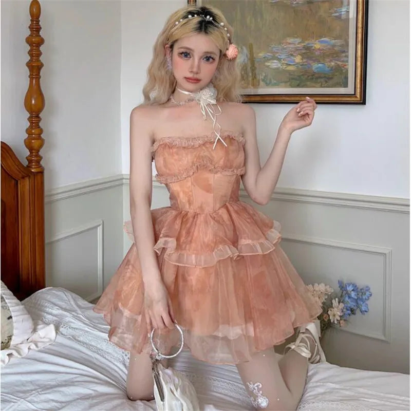 Bonnyshow Sexy Strapless Fluffy Princess Birthday Party Dress Summer Print A Line Mini Dress Slash Neck Sleeveless Slim Puffy Short Skirt Tunics Print Colorful