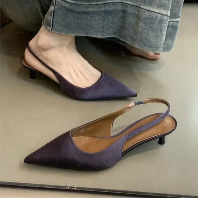 TAVIMART  -  Elegant Purple Satin Low Heel Women Pumps Sexy Pointed Toe High Heels for Women Hollow Back Strap Mules Fashion Party Dress Shoe A-Line Day Work