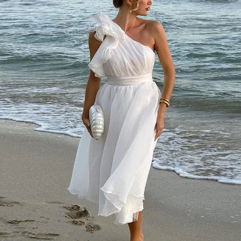 TAVIMART  -  Elegant Slanted Collar Ruffle Long Dress 2025 Summer Hollow Sleeveless A-line Pleated Beach Dress Evening Party Dress for Women Tunics Hiking breathable