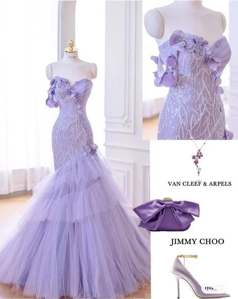 Bonnyshow Aesthetic Mermaid Sweetheart Lilac Tulle Party Dress Long Prom Dress Evening Dresses SD1777 Square Neckline Feminine