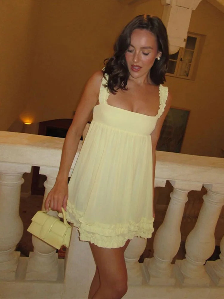 TAVIMART  -  Summer Chiffon Yellow Ruffles Sling Dress For Women Sexy Sleeveless Backless Mini Vestido Chic Ladies Holiday Party Dresses Tunics Formal black