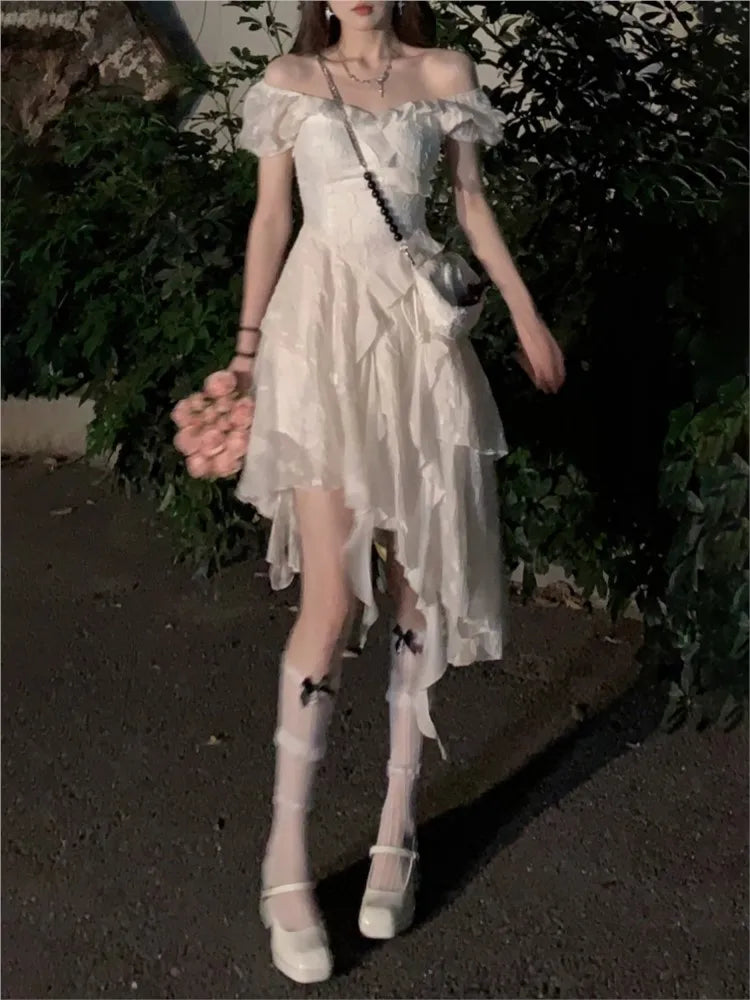 Bonnyshow Vintage White Dress Summer New Ruffle Irregular Dress Y2K Sweet Young Mini Dress vestidos de novia gothic dress party dress Tunics Winter warm