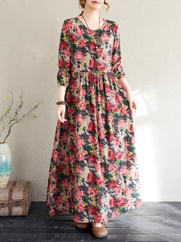 Women's Spring and Autumn Maroon Flowers Printed Smock Dress Tunics Sale discount