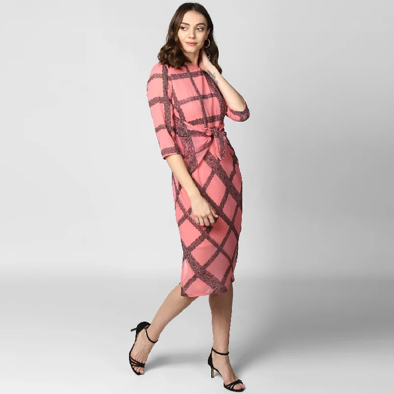 Women's Pink Check Waist Tie Up Polyester Dress with Lining - StyleStone Floral Print girly