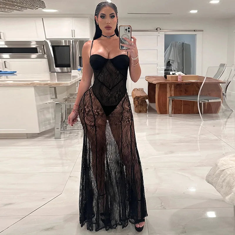 Bonnyshow Black Lace Maxi Dress Women Sexy See Through Slim Beach Holiday Dress Fashion Spaghetti Strap Club Party Dress 2024 Beachwear Halter Neckline Beach