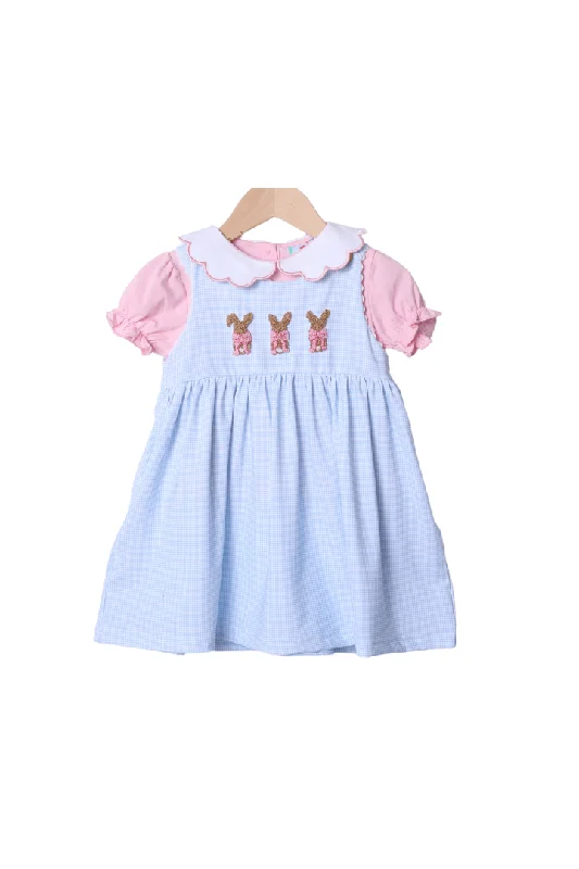 French Knot Bunny Blue Knit Gingham Dress Set Tunics Top rated
