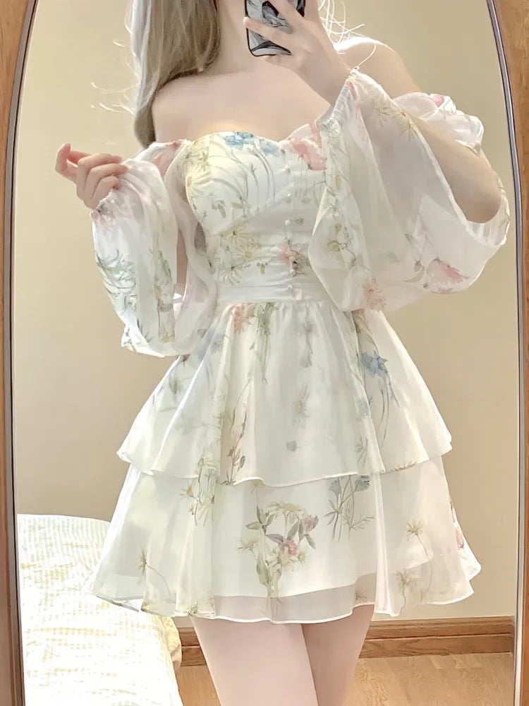 Bonnyshow  French Elegant Floral Mini Dress Chiffon Long Sleeve Evening Party Dress Women Holiday Beach Boho Fairy Dress Korean Robes Tunics Chinos classic