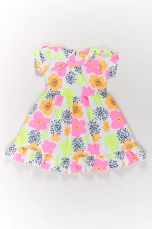 Girls Cotton Party Wear Dress with Vibrant Floral Prints and Ruffles Crew Neckline Sporty