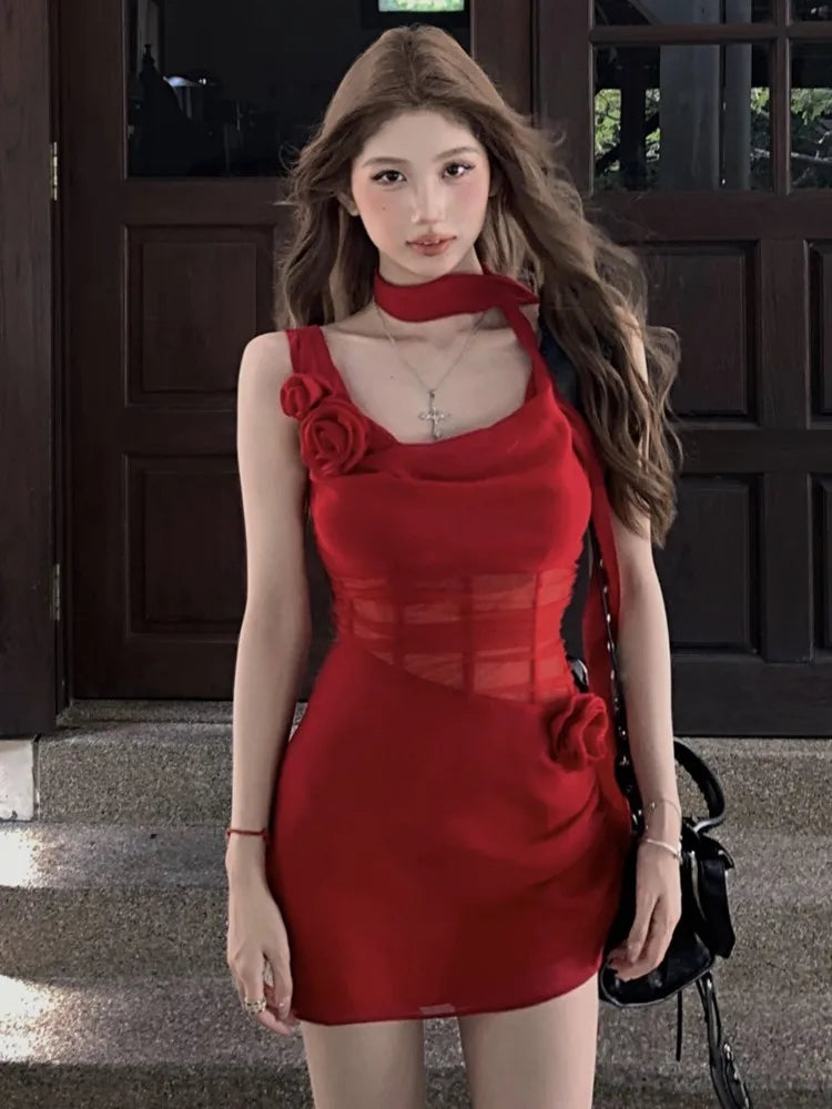TAVIMART  -  Sexy Summer Short Dress Women Solid Spaghetti Strap Bodycon Swinging Collar Club Party Dresses Y2K Mesh Patchwork Vestidos New Shift Classic Vintage