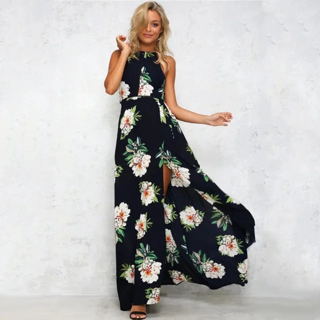 Bohemian Floral Print Summer Maxi Dress Off Shoulder Women Beach Long Backless Sexy Split Party Dresses Tunics Fashionable trendy