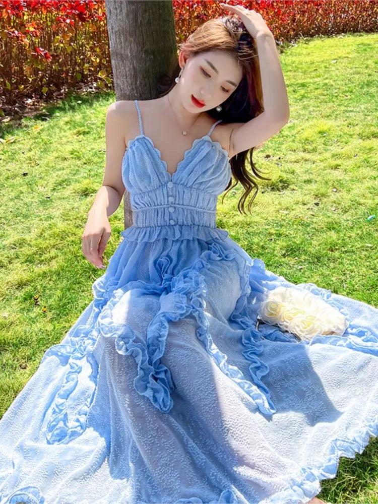 Bonnyshow Women Summer V-neck Backless Fairy Dress Vintage Blue Ruffles Holiday Beach Spaghetti Strapped Dresses Elagant Party Dress Tunics Timeless classic