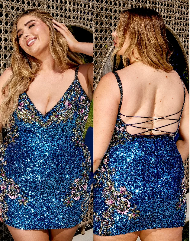 Primavera Couture 14029 Curvy Cocktail Dress Sequin Embellished Bodice Sides Scoop Neck Open Tie Back Curvy Short Homecoming Cocktail Dress Tunics Polka dots