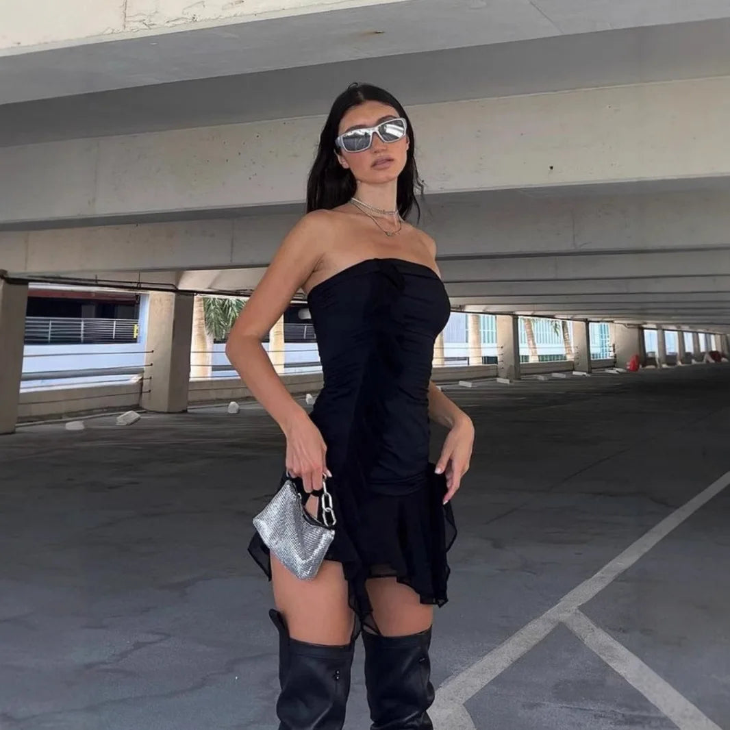 Bonnyshow Black Strapless Mini Dress for Women Sexy Backless Bodycon Club Party Dresses Summer Fashion Irregular Ruffle Y2K Dress Tunics Exclusive limited