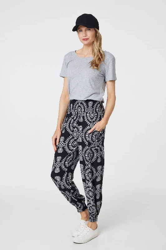 Printed Smocked Waist Harem Pants Elegant Trouser Pants