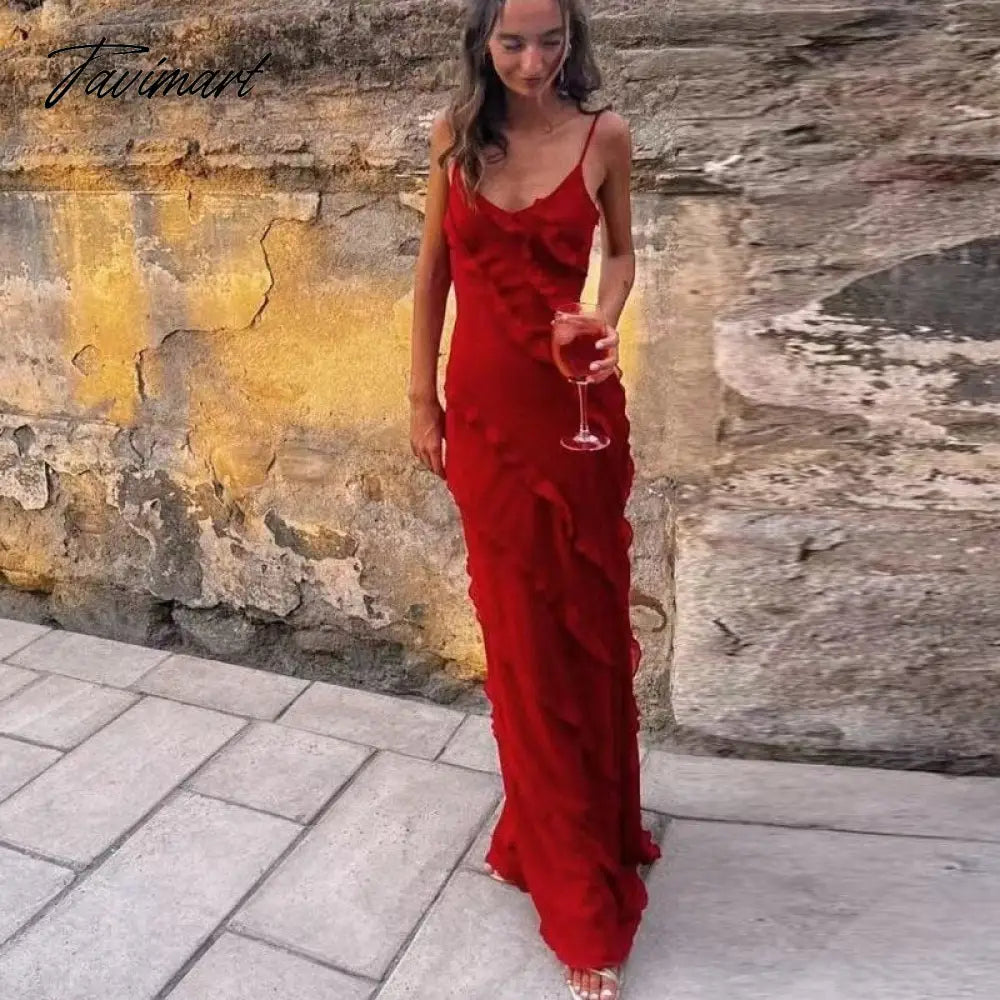 TAVIMART  -  Casual Women Sleeveless Beach Boho Long Dress Fashion Sexy Backless Ruffle Chiffon Evening Dress Elegant Sling Maxi Party Dress Tunics Prom sequined