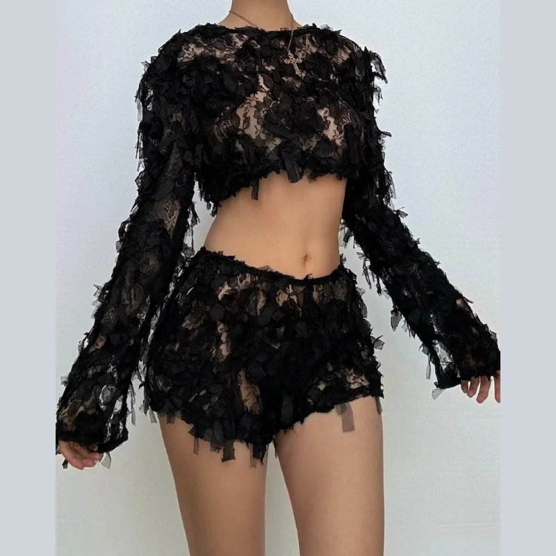 Long sleeve mesh ruffle crop short pant set Relaxed Lounge Trousers