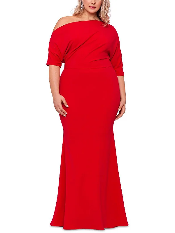 Plus Womens Off-The-Shoulder Maxi Evening Dress Turtleneck Neckline Stylish