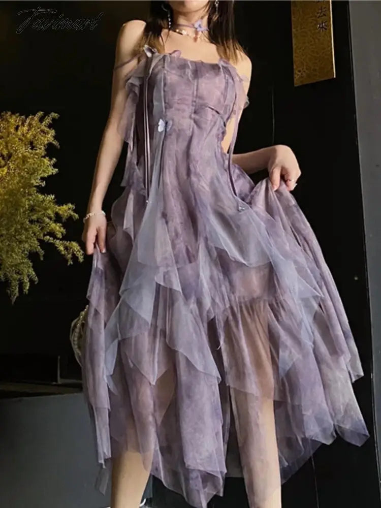 Tavimart Women Sweet Purple Ruffle Summer Sleeveless Midi Dress Female High Waist Slim Mesh Party Dress Female Solid Holiday Beach Dress Tunics Custom made