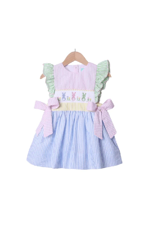 Smocked Seersucker Color Block Bunny Bow Dress Tunics Mesh breathable