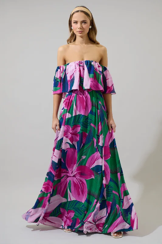 Ellerton Tropics Enamored Off the Shoulder Ruffle Dress Tunics Trendy modern