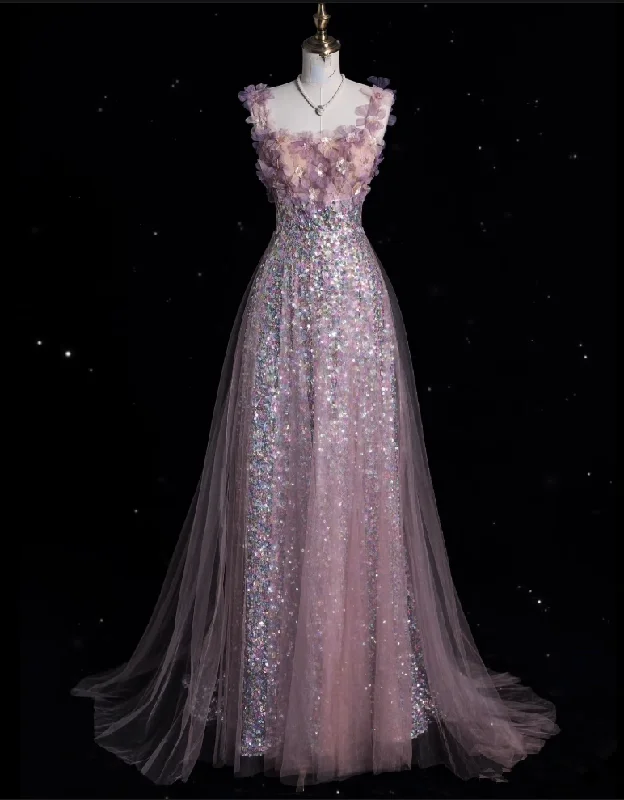 Bonnyshow Modest A Line Straps Sequin Pink Party Dress Long Prom Dress Evening Dresses SD1855 Bodycon Fitted Nightout
