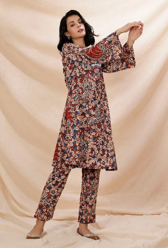 Set of 2: Rust Red Kalamkari Flared Cotton Kurta With Straight Cotton Pants Chic Wool Trousers