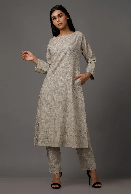 Set of 2: Grey Pure Woven Cotton Kurta and Pants Comfortable Pleated Pants