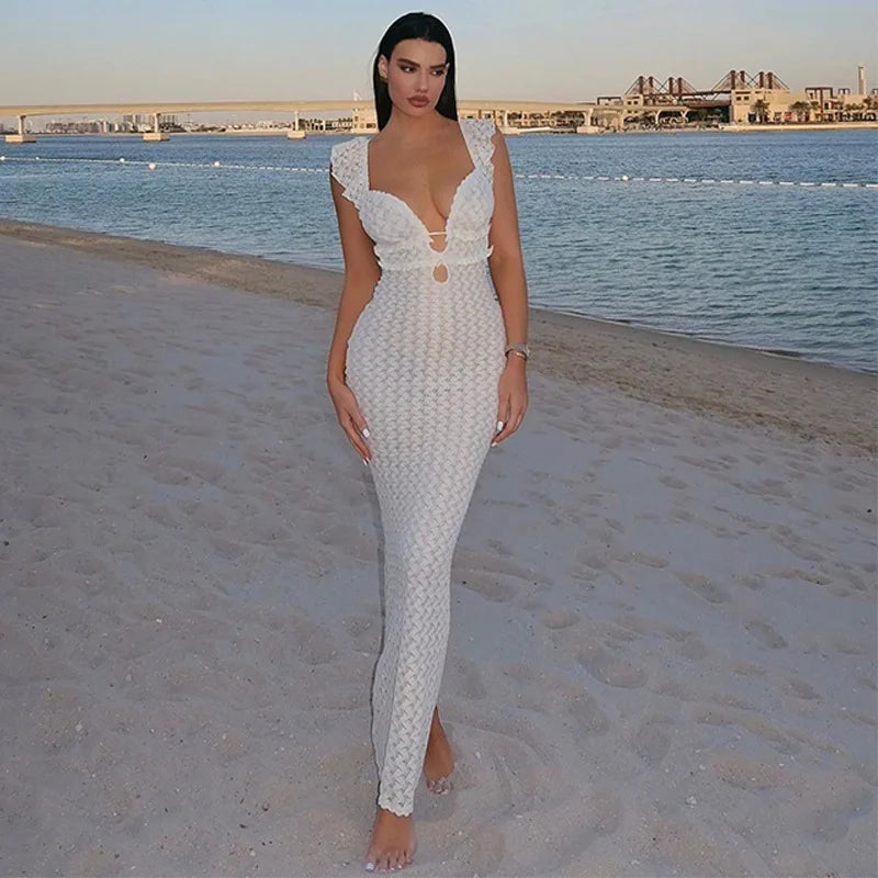 Bonnyshow Apricot Hollow Out Maxi Dress Women Sexy See Through Backless Slim Beach Dress Summer Fashion Ruffle Holiday Party Dress Tunics Vintage classic