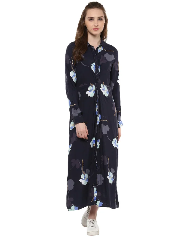 Women's Navy Blue Dress with Waist Pleats - StyleStone Tunics Stylish elegant